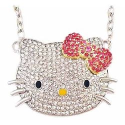 Large Kitty Crystal Pendant Necklace with Pink Bow
