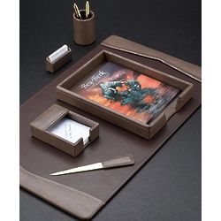 Rugged Brown Leather Executive Desk Set with Brass Accenting