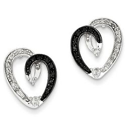 White and Black Diamond Heart Earrings in Sterling Silver