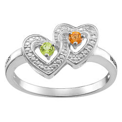Couple's Personalized Name & Birthstone Silver Diamond Heart Ring