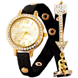 Arrow Studded CZ Black and Gold Wrap Watch