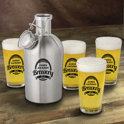 Personalized Stainless Steel Beer Growler and Pint Glasses