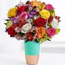 Deluxe Smiles & Sunshine Bouquet with Teal Vase & Chocolates