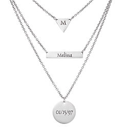 Personalized Steel Triangle, Bar, and Disc Layered Necklace