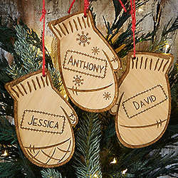 Engraved Family Winter Mittens Wood Ornament