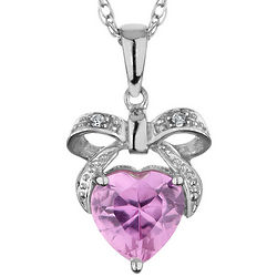 Created Pink Sapphire Bow and Heart Pendant Necklace