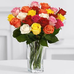 24 Long-Stemmed Rainbow Roses With Brilliant Cut Vase & Chocolate