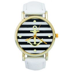 Striped Anchor Watch with White Leather Band