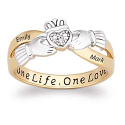 Couple's Personalized 2-Tone Silver Claddagh Ring with Diamond