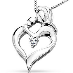 Mother's Heart Shaped Love Pendant with Diamond in Silver