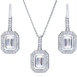 Emerald Cut CZ Halo Sterling Silver Necklace and Earring Set