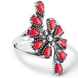 American West Sterling Silver & Red Coral Cluster Ring