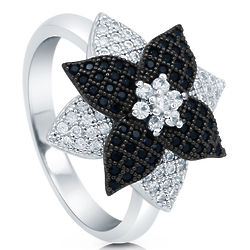 Sterling Silver Ring with Black and White CZ Flower