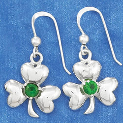 French Wire Sterling Silver Shamrock and Green Glass Earrings