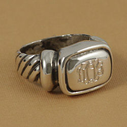 Personalized Ornate Silver Rectangle Ring with Twist Band