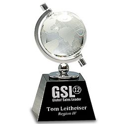 Clear Crystal Globe Award with Personalized Black Pedestal