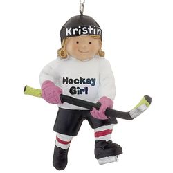 Personalized Hockey Girl Hitting a Puck Christmas Ornament