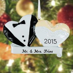 Bride and Groom's Personalized Tux and Dress Heart Ornament