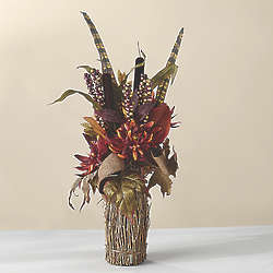Cattail and Mum Floral Arrangement in Stacked Twig Vase