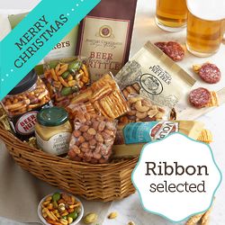 Simply Beer Snacks Basket with Merry Christmas Ribbon