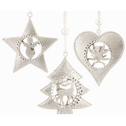 German Intricate Cut-Out Silver Metal Shape Christmas Ornaments