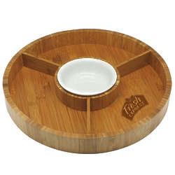 3 Section Gourmet Bamboo Serving Tray with Ceramic Bowl