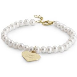 Girl's Gold and Sterling Silver Pearl Bracelet with Heart Charm