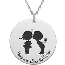 Kissing Girl & Boy Couple Silhouette Sterling Name Disc Necklace