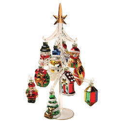 Blown Glass Christmas Tree with 12 Glittered Ornaments