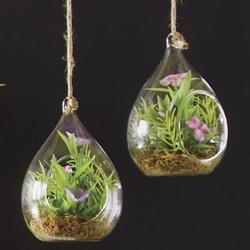 2 Small Terrariums with a Mix of Plastic Flowers and Vegetation