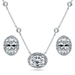 Sterling Silver Oval Cut CZ Halo Necklace and Earrings Set