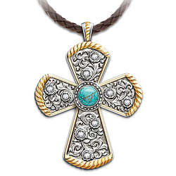 Country At Heart Engraved Turquoise Cross Necklace on 42" Lace