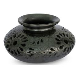 Black Sunflowers Oaxacan Pottery Ceramic Vase