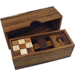 3 Wooden Puzzles in Wooden Box