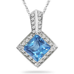 Diamond & Swiss Blue Topaz Pendant in 14K White Gold