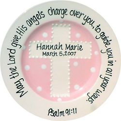 Personalized Christening Plate with Pink Cross