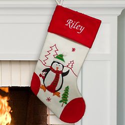 Personalized Penguin Christmas Stocking in Red and White