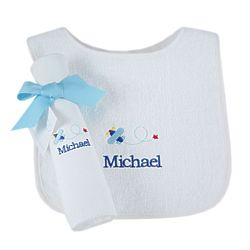 Personalized Baby Bib and Burp Cloth with Embroidered Airplanes