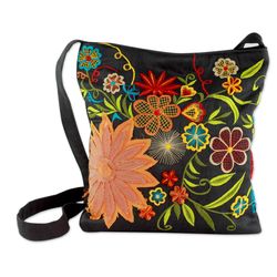 Tropical Paradise Embroidered Cotton Blend Shoulder Bag