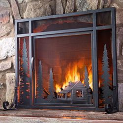 Large Mountain Cabin Fire Screen with Door