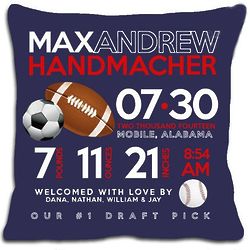 Personalized Birth AnnouncementSports Pillow in Dark Blue
