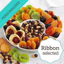 Fruit, Nuts, and Ceramic Tray Gift with Personalized Ribbon
