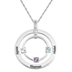 Three Stones Sterling Family Birthstone and Name Circle Pendant