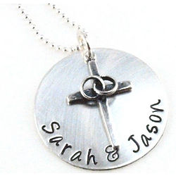 Personalized Hand Stamped Cross and Wedding Rings Necklace