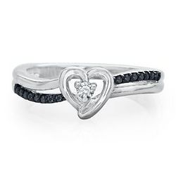 Black and White Diamond Heart Promise Ring in Sterling Silver