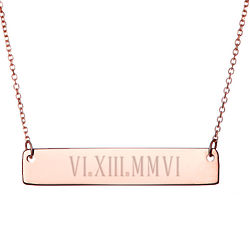 Roman Numeral Date Rose Gold Bar Necklace