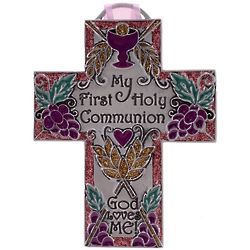 Colorful God Loves Me First Communion Pewter Cross