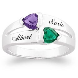 Sterling Silver Couple's Birthstone Hearts Name Ring