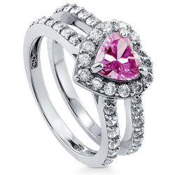 Sterling Silver Pink CZ Halo Heart Promise Engagement Ring