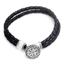 Men's Viking Compass Sterling Silver and Leather Bracelet